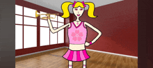 a cartoon girl in a pink top and pink skirt is holding a trumpet