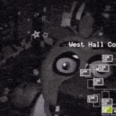 a black and white image of a video game character with the words west hall co.