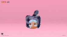 three stuffed animals are sitting next to each other on a pink background with a pop mart logo above them