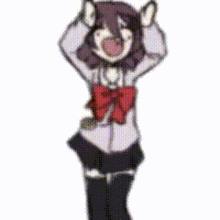 a cartoon of a girl in a school uniform with a red bow on her head .