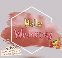 a sign that says hello wednesday with fruit stickers