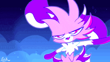 a cartoon drawing of a pink and purple rabbit with the name zelik written below it