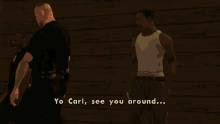a man in a white tank top is talking to a police officer in a video game