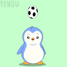 a penguin is balancing a soccer ball on its head and the word pengu is on the bottom