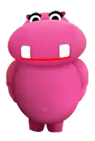 a pink cartoon hippo with big eyes and a red mouth