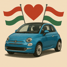 a blue fiat car is in front of two flags with a heart in the background