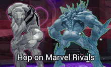 an advertisement for marvel rivals shows a statue of venom and a statue of ice