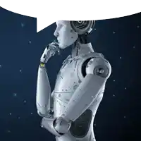 a robot with a speech bubble behind it