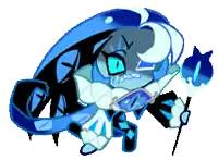 a cartoon character with blue eyes is holding a cane and a sword .