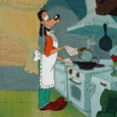 a cartoon of goofy in an apron cooking in a kitchen