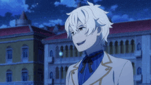 a cartoon character with white hair and a blue shirt is standing in front of a building