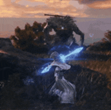 a video game scene with a giant monster and a woman
