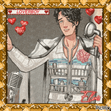 a picture of a man holding a shower head that says loverboy on the top