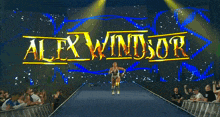 a woman in a wrestling outfit is running in front of a crowd with the word windsor in the background
