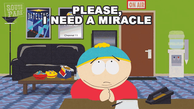 a cartoon character sitting at a desk with the words please i need a miracle