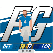 a football player with the number 4 on his jersey stands in front of a fg logo