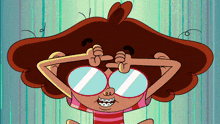 a cartoon girl with braces on her teeth is wearing glasses