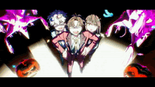 a group of anime characters standing next to each other with a pumpkin in the background