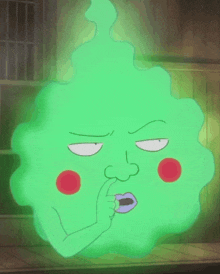 a green cartoon character is making a funny face and covering his mouth with his finger