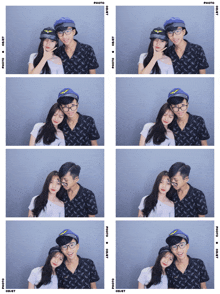 a man and a woman are posing for a photo in a photo booth that says photo on it