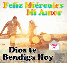 a picture of a man and woman holding hands with the words " feliz miercoles mi amor " above them