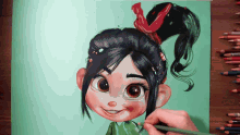 a drawing of a girl with a ponytail and sprinkles in her hair
