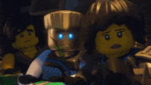 a close up of a lego character with green eyes and a surprised look on his face