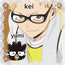 a picture of a boy with glasses and the name kei and yumi on it