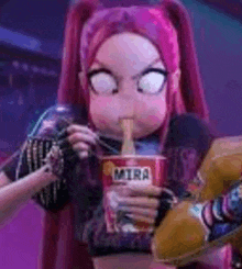 a cartoon girl with pink hair is drinking from a cup .