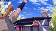 a cartoon of a man holding a sword with the word anime written below him