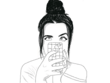 a black and white drawing of a woman covering her face with a cell phone and the word up in red