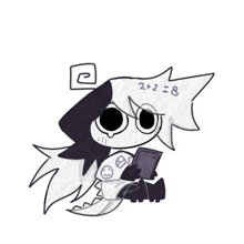 a drawing of a cartoon character with a cell phone and the number 2 + 2 = 8 written on a piece of paper