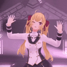 a girl with blonde hair and a bow in her hair is dancing with her arms outstretched