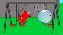 a cartoon of a red pin and a blue ball on swings