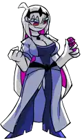 a cartoon drawing of a woman in a purple dress