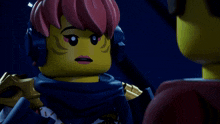 a close up of a lego character with pink hair and headphones