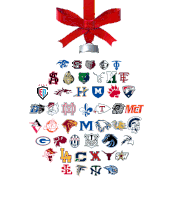 a christmas ornament with the logos of various colleges and universities
