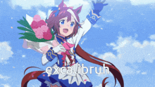 a girl holding a bouquet of flowers with excalibruh written on the bottom right
