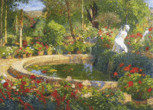 a painting of a woman standing next to a pond with red flowers