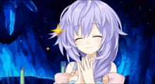 a girl with purple hair is smiling with her eyes closed and a star on her head .