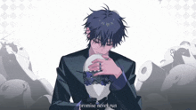 a man holding a white ball with the words promise never run written below him
