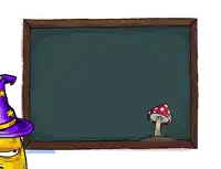 a cartoon character wearing a wizard hat is holding a rose in front of a blackboard with mushrooms on it