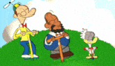 three cartoon characters are standing on a grassy hill