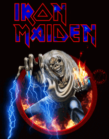 a poster for iron maiden with a skeleton holding fire and lightning bolts