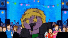a cartoon character is singing into a microphone while a crowd of people watch .