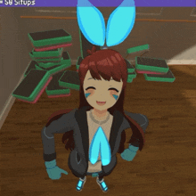 a girl with bunny ears is sitting in front of a pile of boxes and a screen that says 25 ups