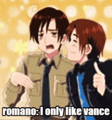 a cartoon of a man giving a thumbs up with the caption romano i only like vance
