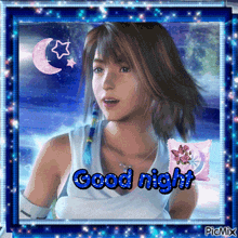 a picture of a woman with the words good night written on it