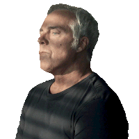 a man with gray hair is wearing a black shirt with a striped pattern