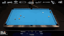 a pool table with the us open bank pool championship on the screen